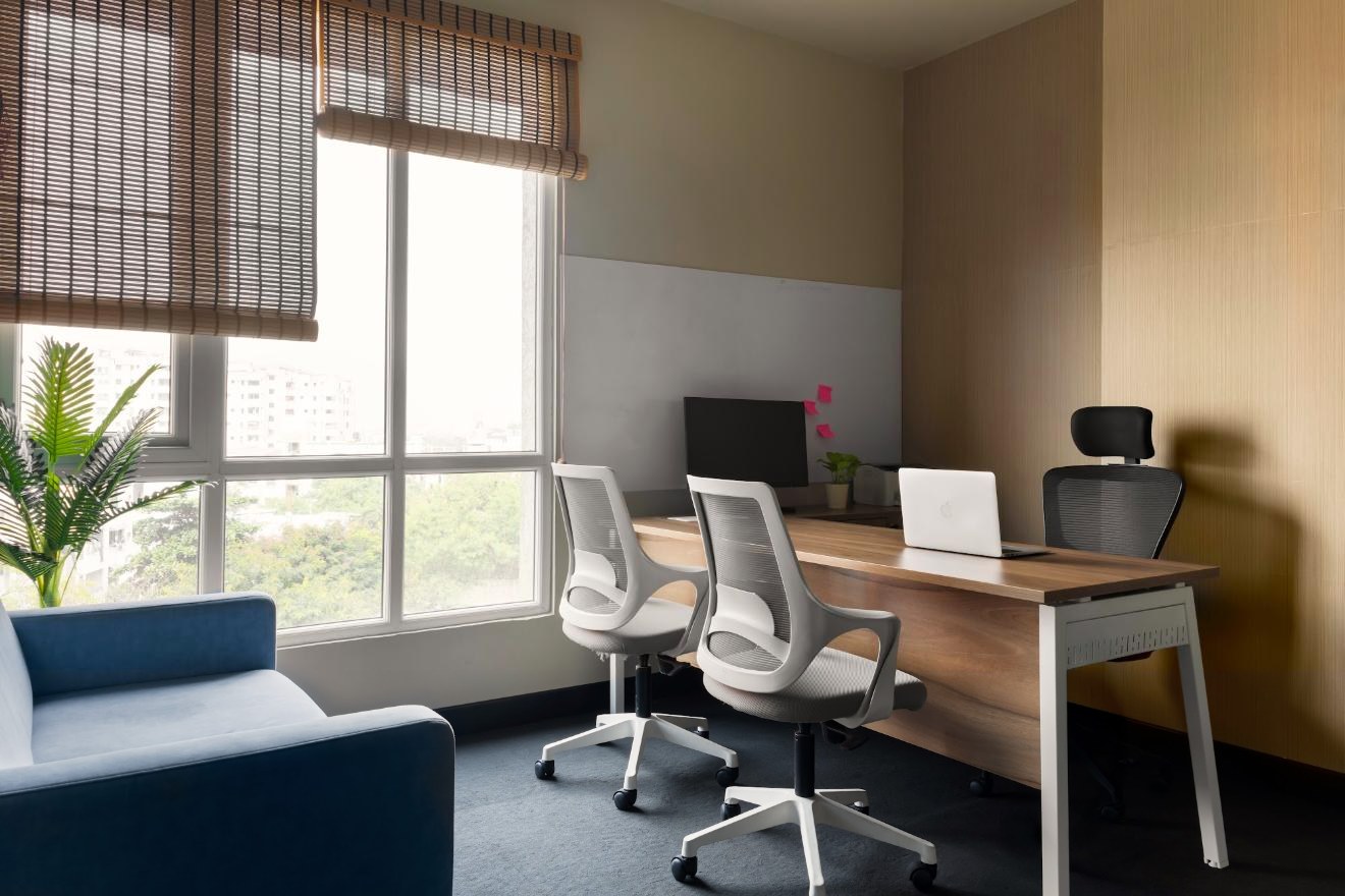 Private cabin with a wooden desk by the window