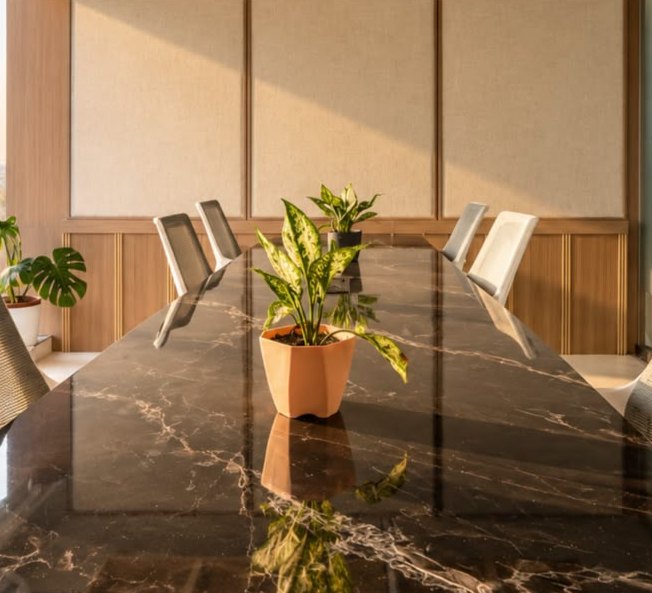 Meeting room with a marble table and plants